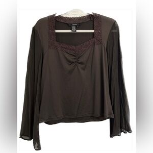 Ishyu Lacy Sheer Long Sleeve Chocolate Vintage Silky Blouse, Size L